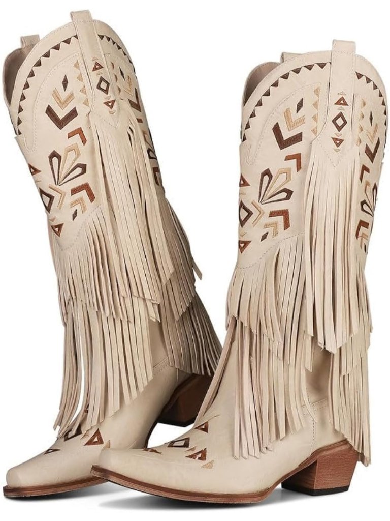 Women's 1 Beige Microfiber Cowgirl Boots Knee High Fringe Boots